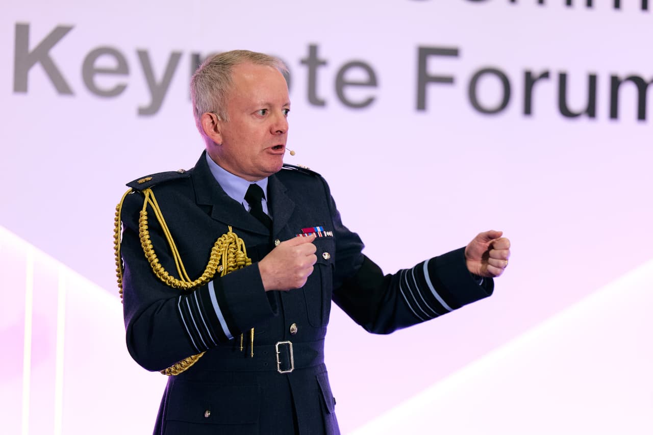 Air Chief Marshal Sir Richard Knighton, the UK's Chief of the Defence Staff, speaking at DSEI UK in September 2025.